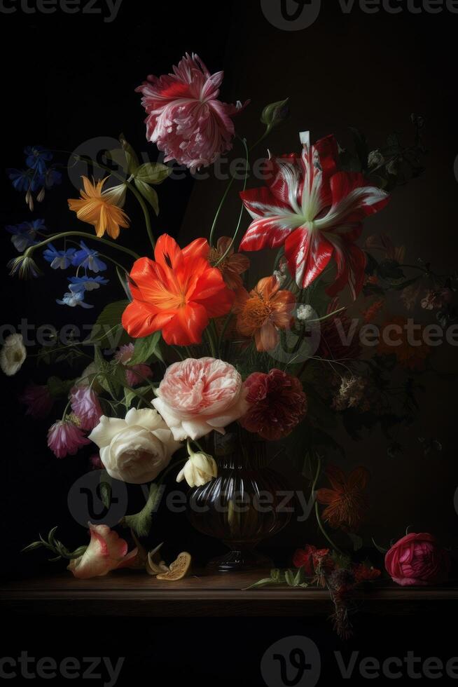 Beautiful bunch of colorful flowers on black background in vintage style. Festive flowers concept with copy space. .Created with photo