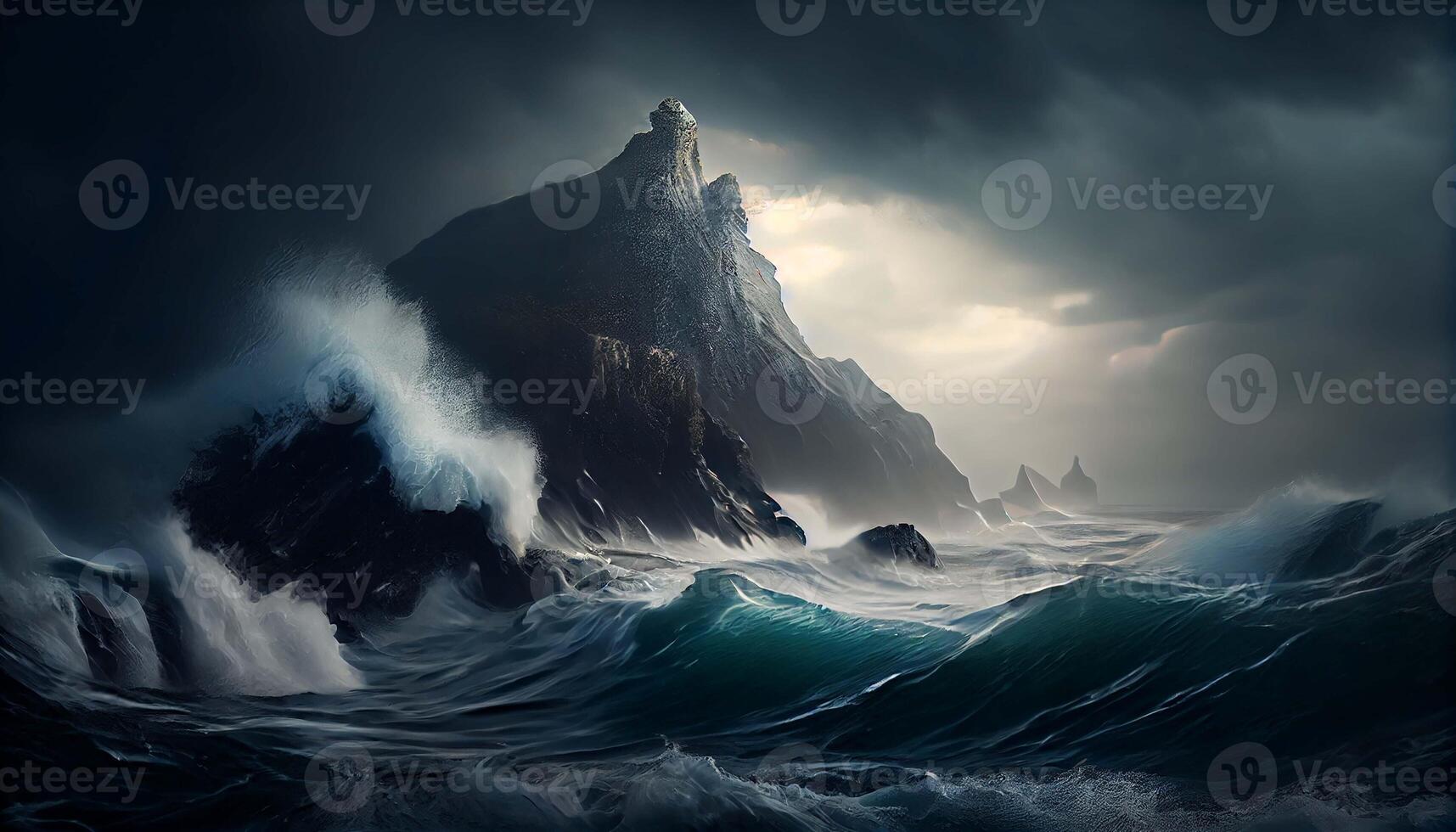Big storm at sea. Waves crash against the rock. Fantastic sea view. . photo