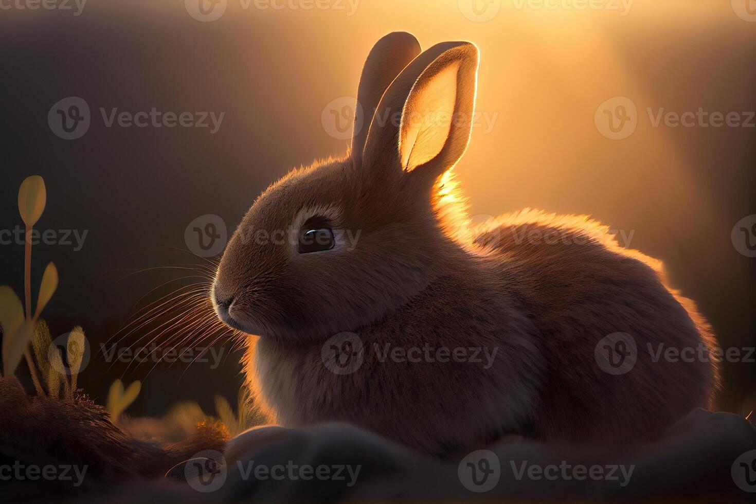 Easter bunny in the field cinematic light. Place for text. photo