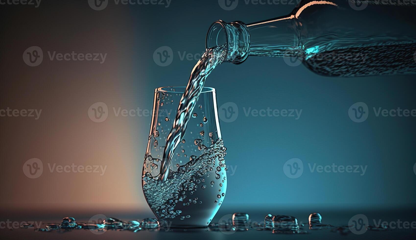 Pouring water from bottle into glass on blue black background, photo