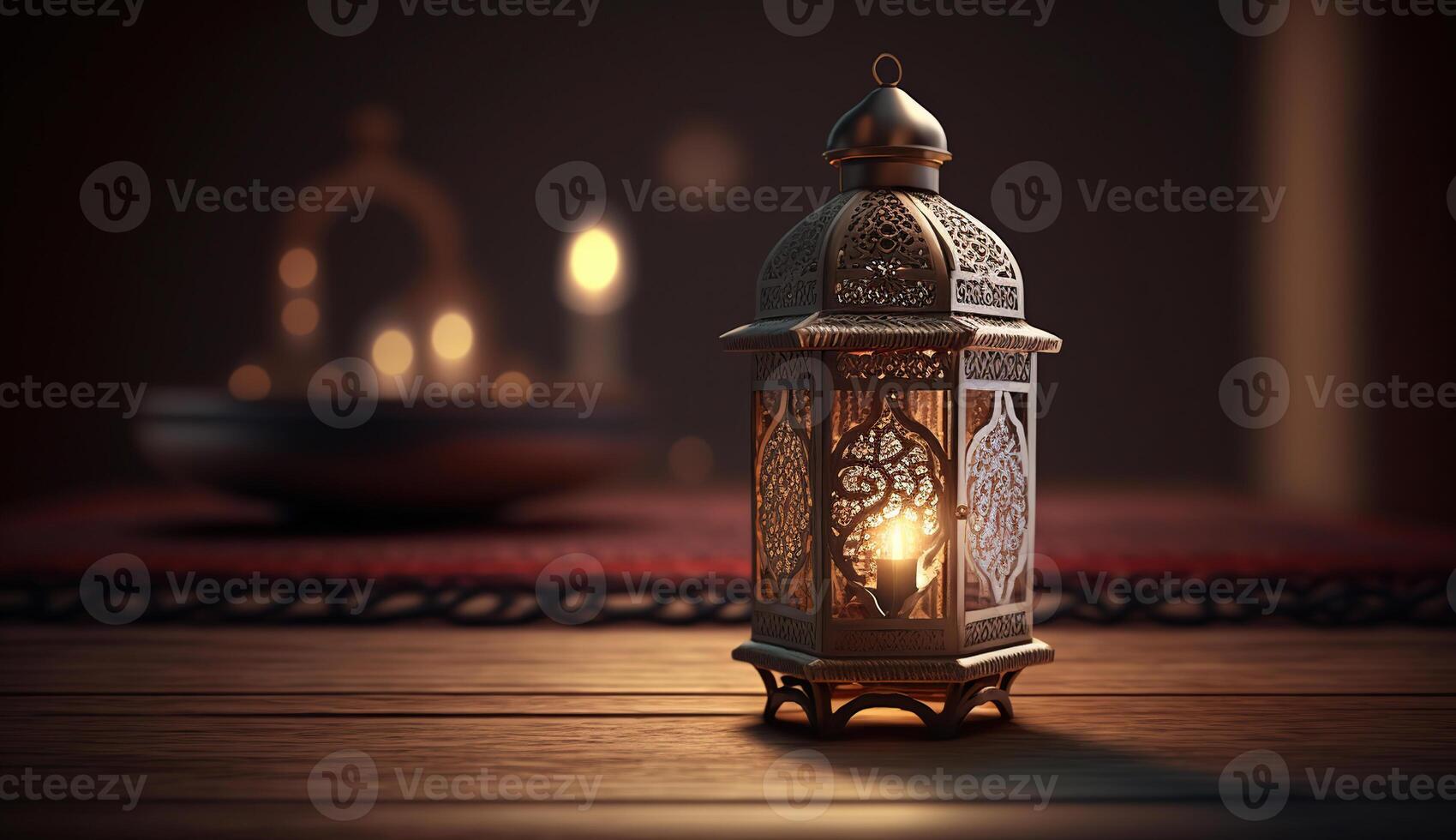 Holy month of Ramadan concept. Burming, glowing golden lamp, on wooden tablem, photo