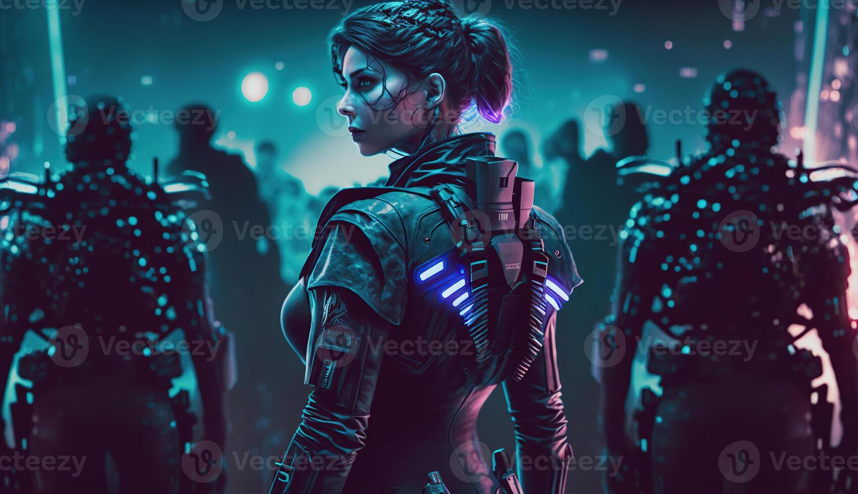 Young woman with futuristic uniform and group of silhouettes in cyberspace. Virtual reality. Cyberpunk, photo