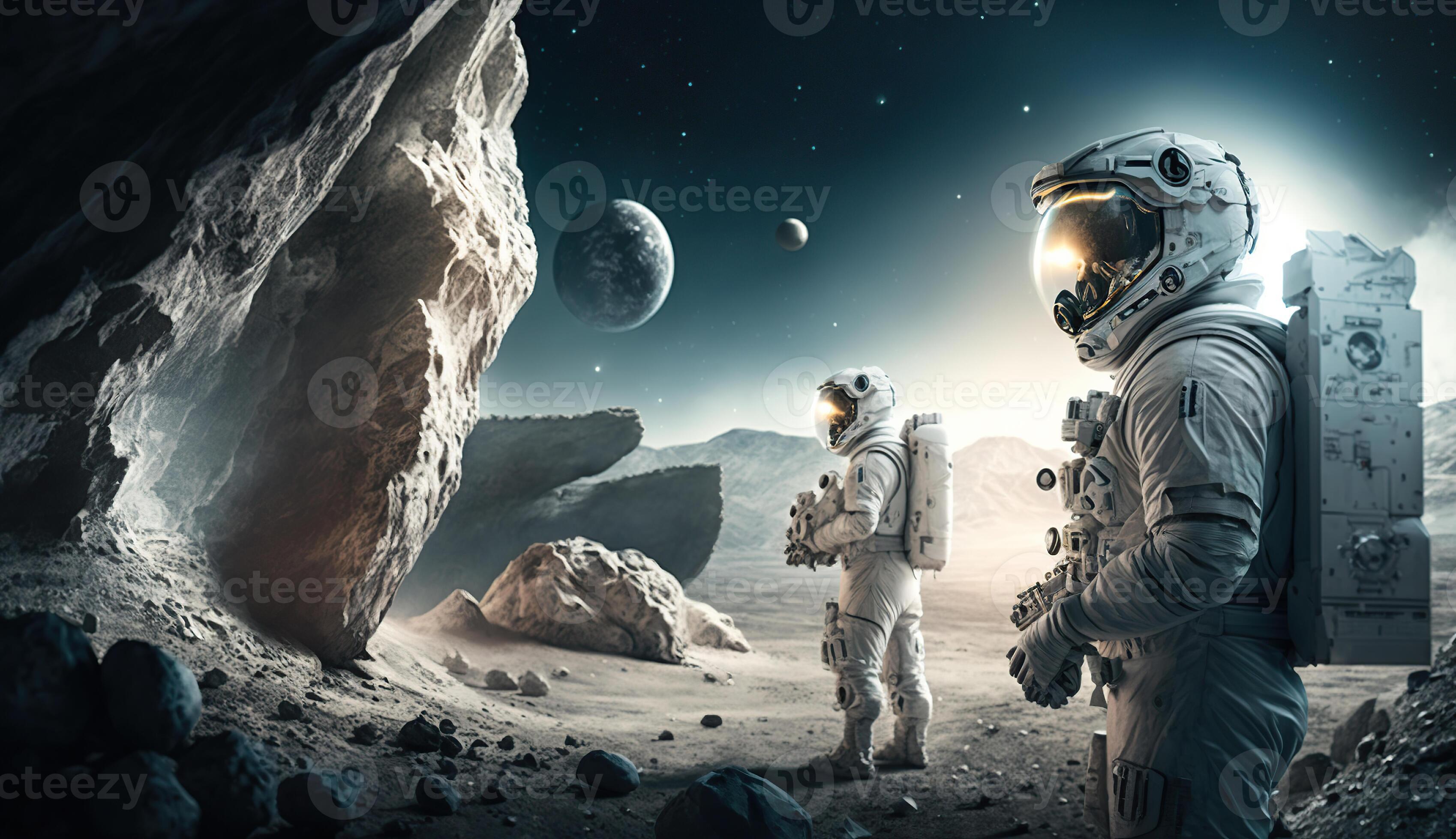 Astronauts with spaceship exploring an asteroid in space 3D rendering ...