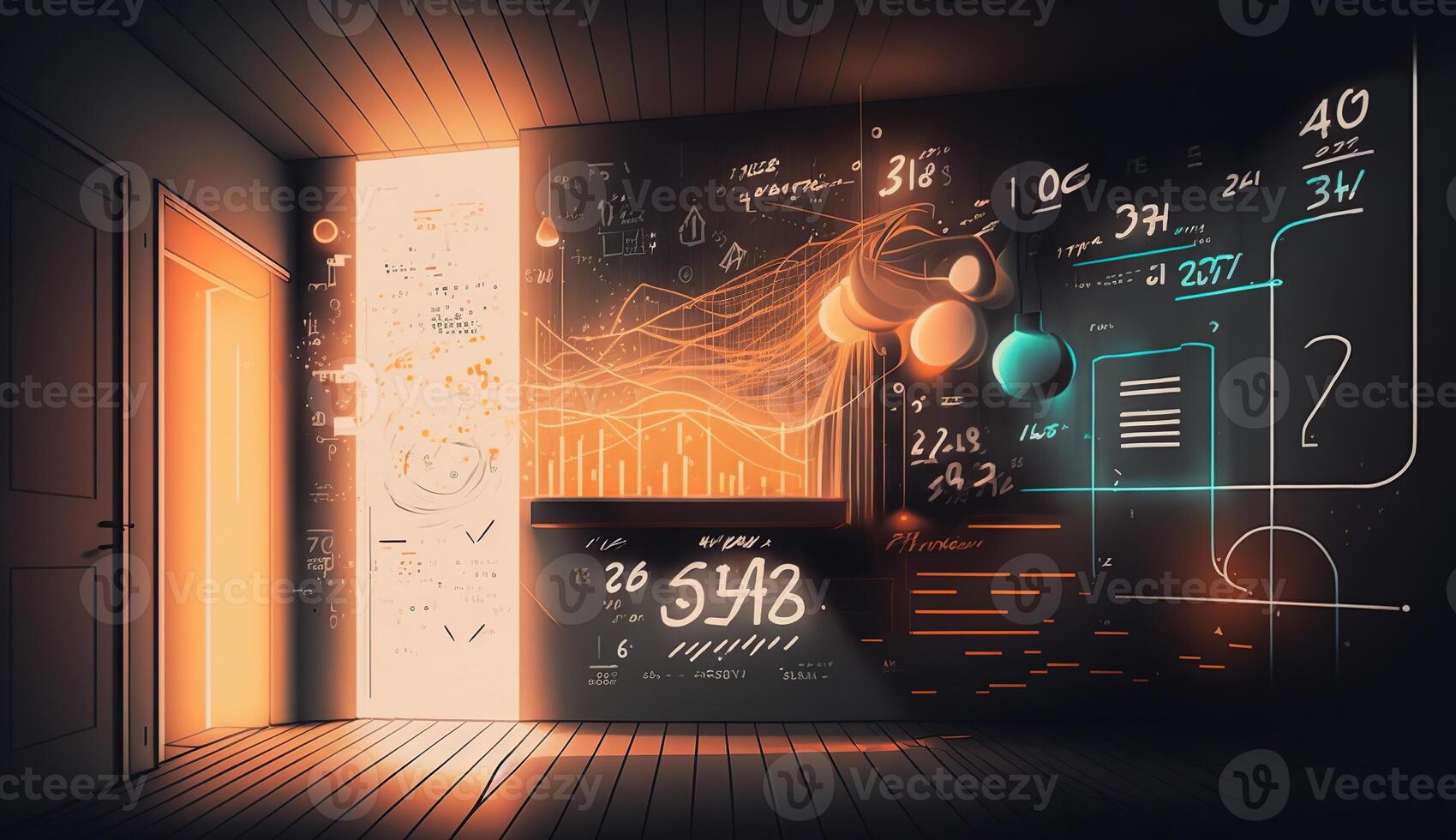 A realistic abstract sketch of a data science project with numbers and visualizations, vivid contrast colors, photo