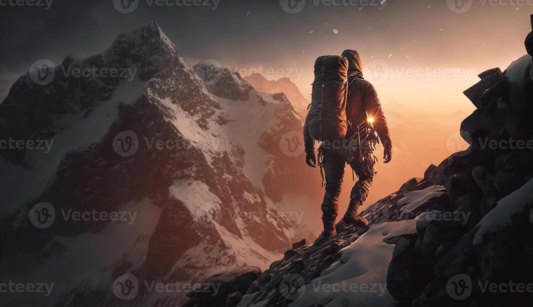 Mountain climber scaling a peak, with a sense of challenge and perseverance and a focus on endurance and strength, with sunset baground. photo