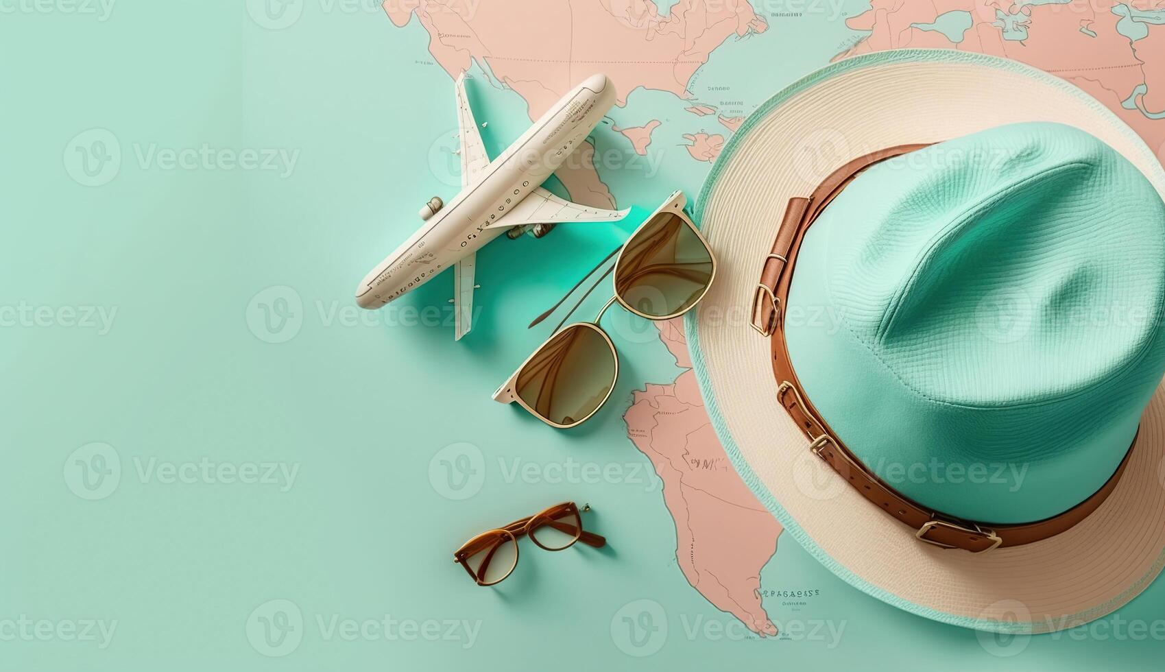 Straw hat, map, plane, sunglasses and magnifying glass on blue background. Summer holiday, vacation, travel concept. Flat lay, top view, copy space. photo