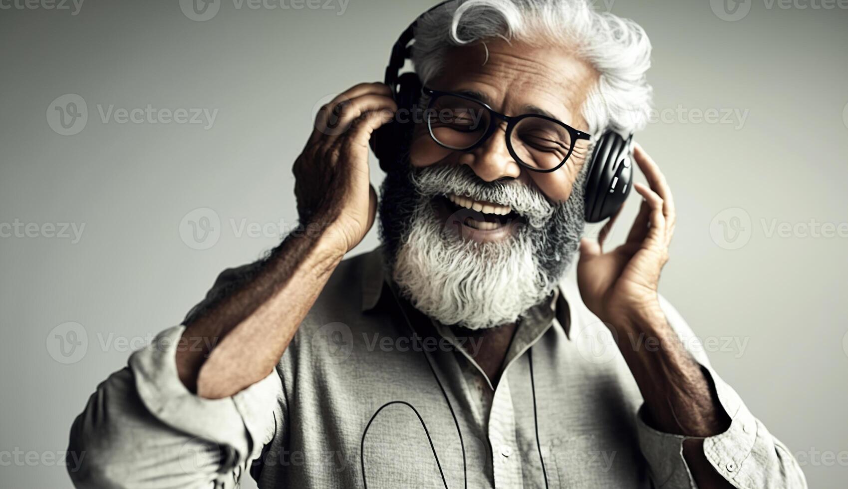 Happy senior Indian asian bearded man smiling using headphones with smartphone or tablet against white background, presenting screen or dancing, photo