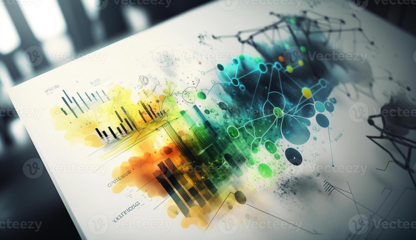 un realista resumen bosquejo de un datos Ciencias proyecto con números y visualizaciones, vívido contraste colores, generativo ai foto