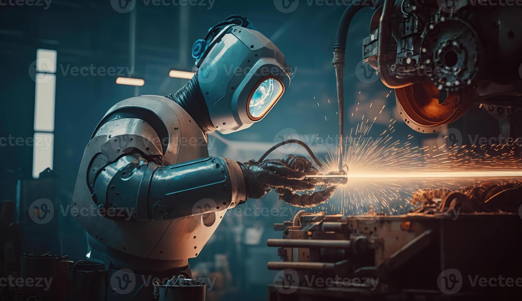 Industrial robotic welding and robot gripping working on smart factory, on machine blue tone color background, industry 4.0 and technology, photo