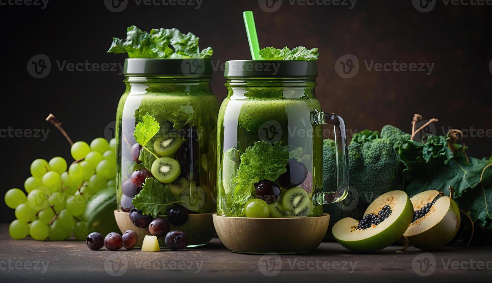 Glass jar mugs with green health smoothie, kale leaves, lime, apple, kiwi, grapes, banana, avocado, lettuce , photo