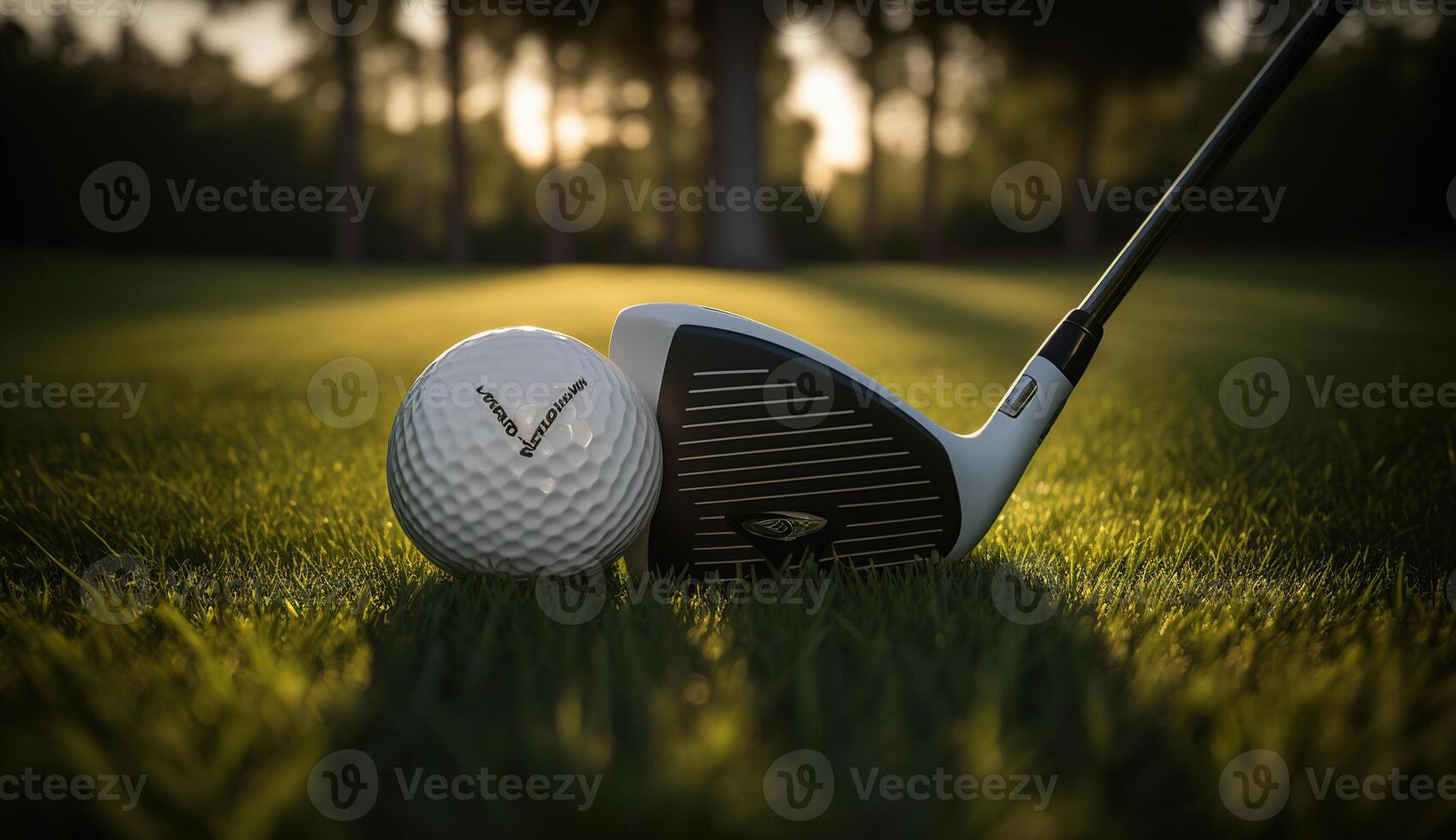 Blurred golf club and golf ball close up in grass field with sunset, photo