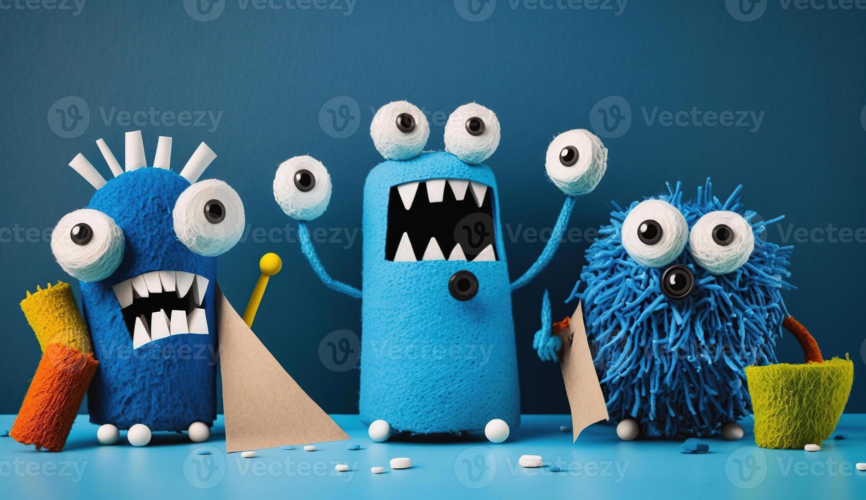 Funny monsters from paper and plasticine on a blue background. Easy creative crafts for children, photo