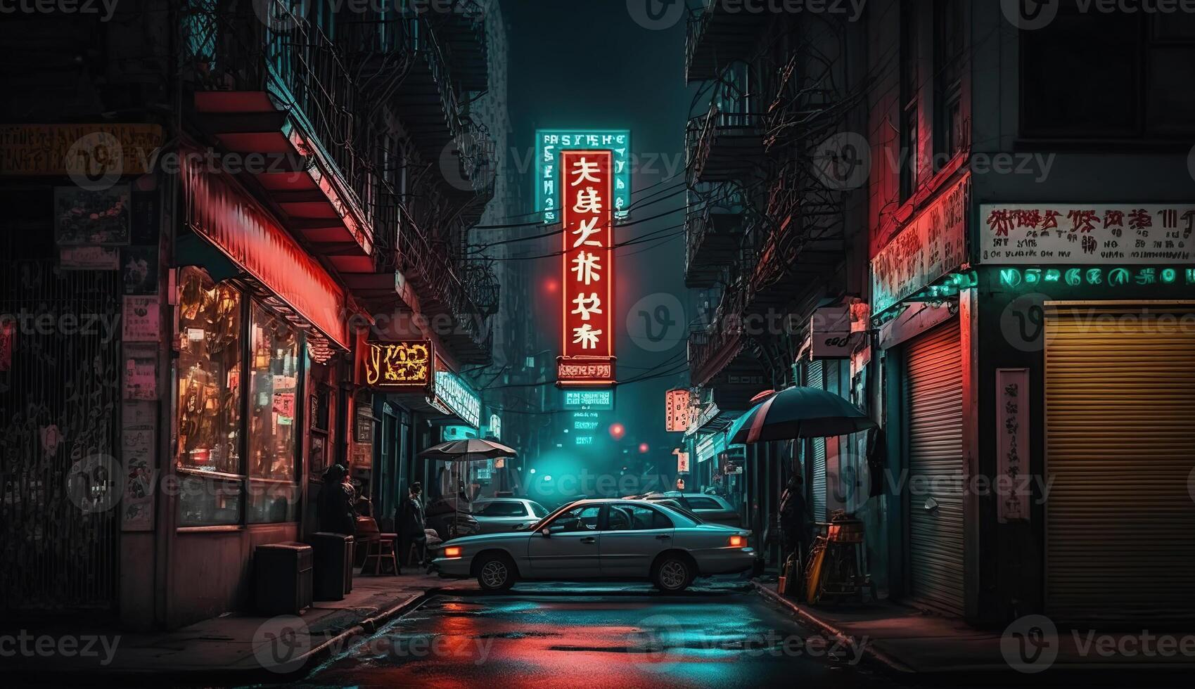 Moody monochrome view of Doyers Street by night, in NYC Chinatown, Generativ Ai photo