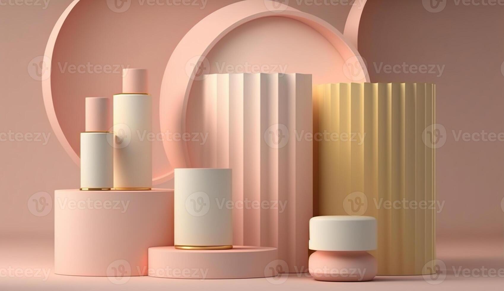 Abstract minimal scene with geometrical forms. Cylinder podiums in cream pink colors. Abstract background. Scene to show cosmetic podructs. Showcase, display case, photo