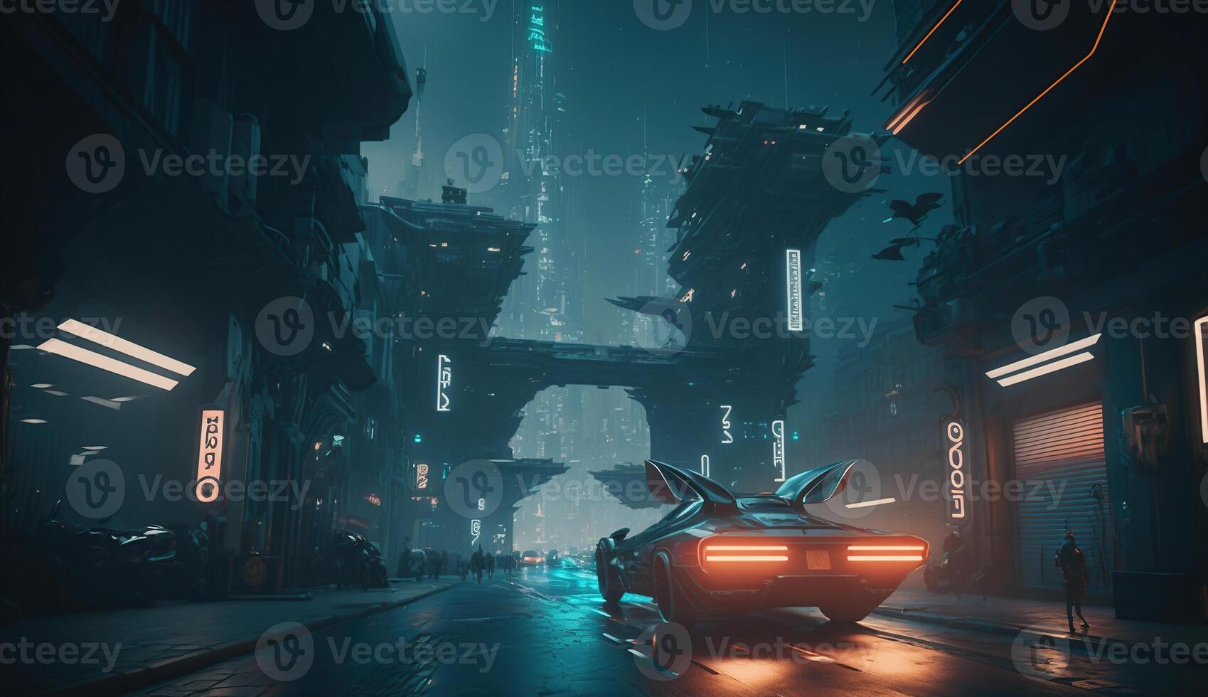A futuristic city with flying cars, in the style of Blade Runner, photo