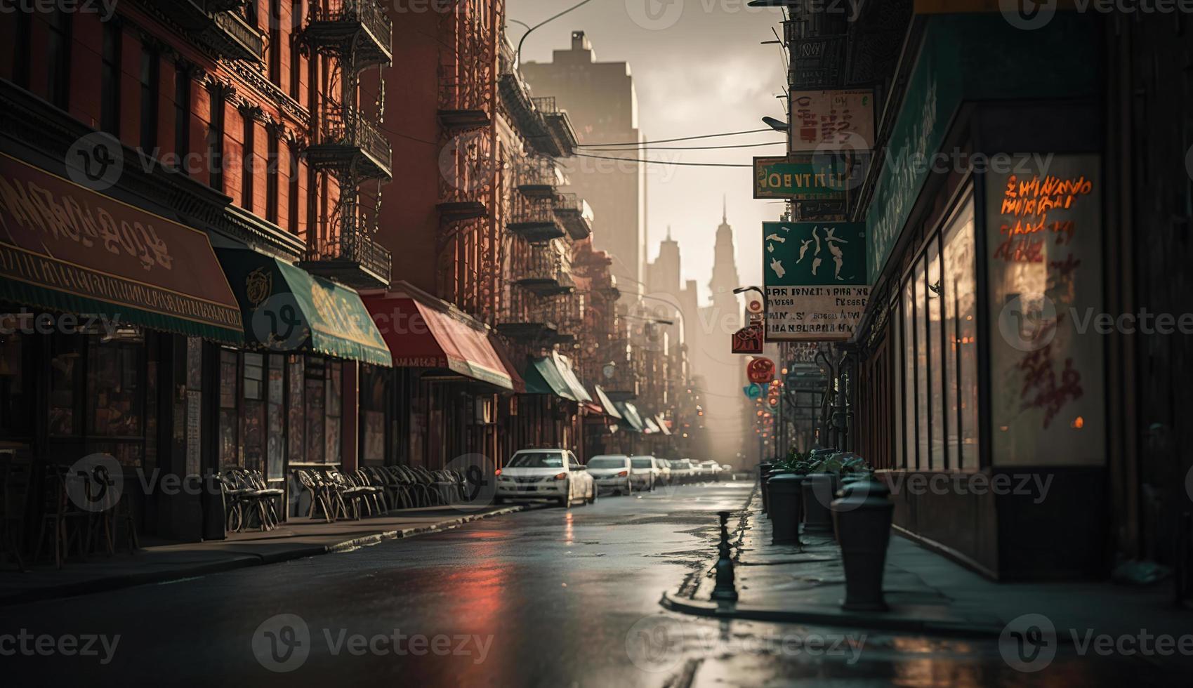New York City in foggy raining weather at night. Streets of Chinatown at the storm, Generativ Ai photo
