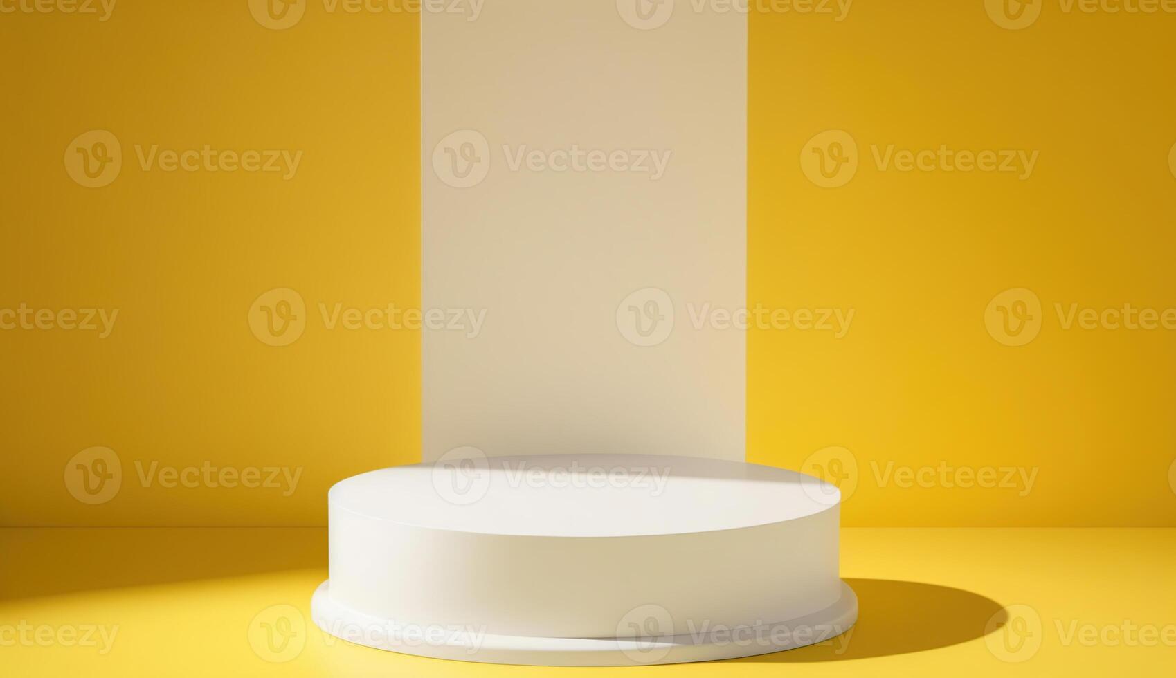 White podium shelf or empty pedestal display on vivid yellow summer background with minimal style. Blank stand for showing product. 3D rendering, photo