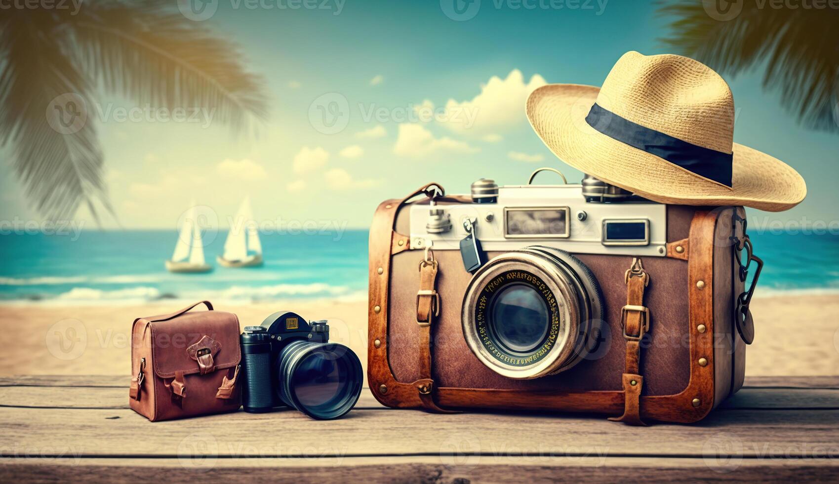 Vintage suitcase, hipster hat, photo camera and passport on wooden deck. Tropical sea, beach and palm three in background. Summer holiday traveling concept design banner with copyspace,