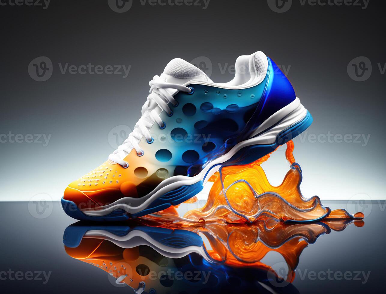 Futuristic tennis shoe concept, orange and blue, liquid form, photo