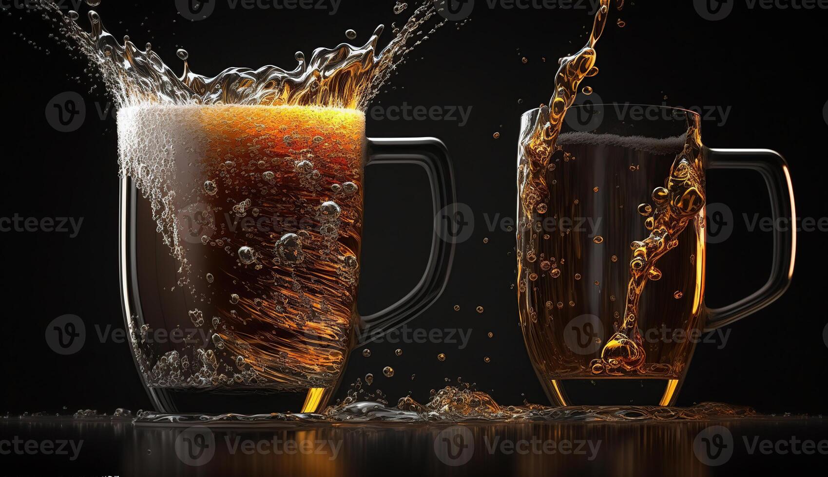 Close-up two cold beers with foam and water drops, photo