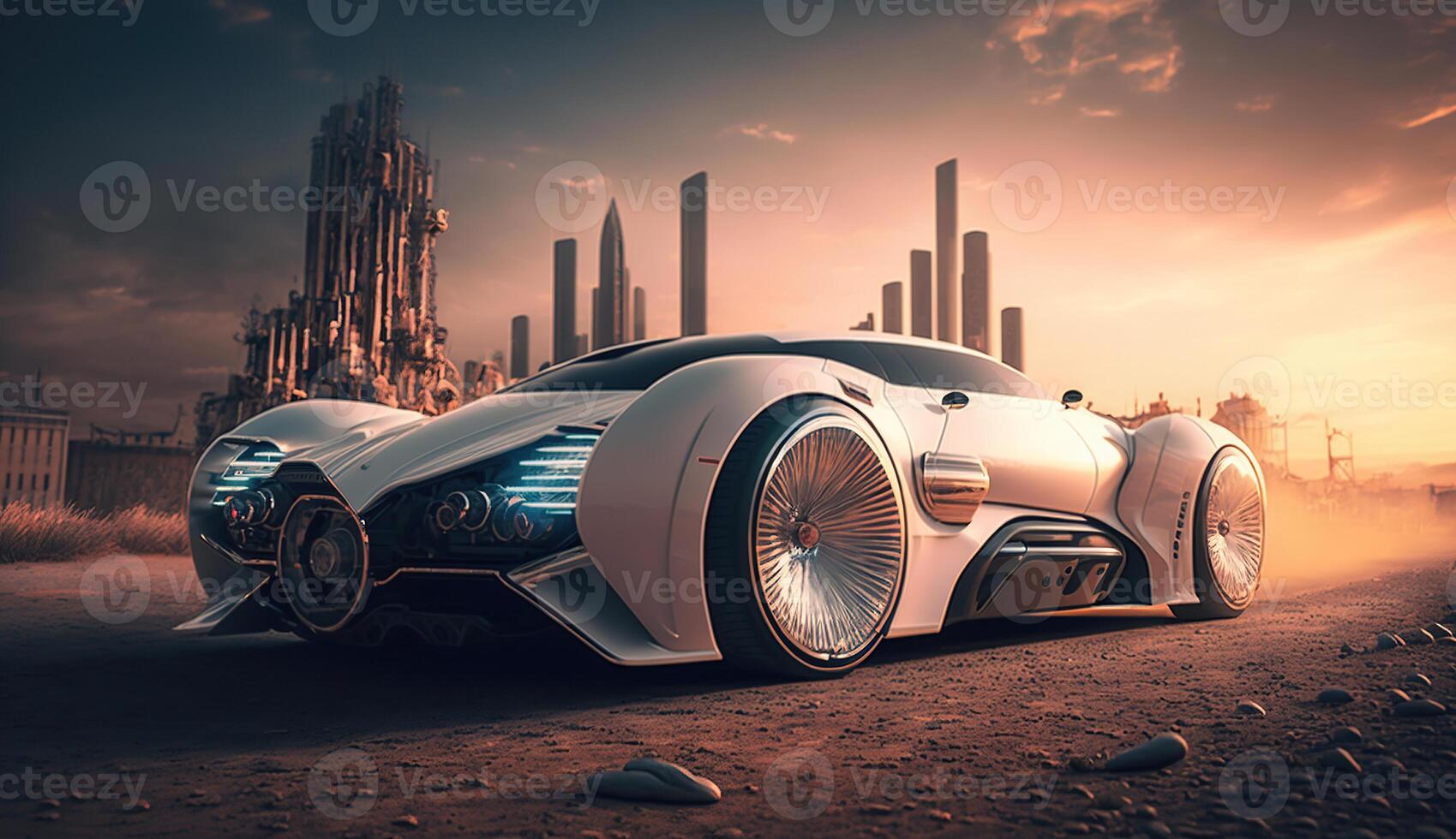 A supercar, futuristic city in the background, photo