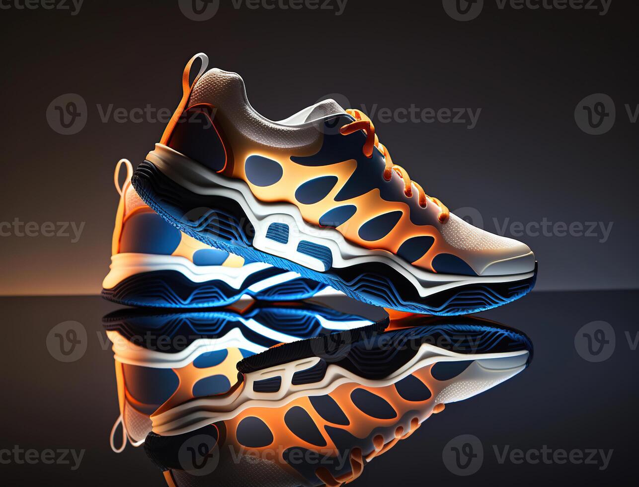 Futuristic tennis shoe concept, orange and blue, liquid form, photo