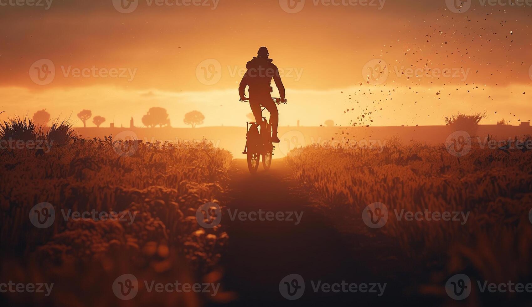 a man ride a bicycle at sunset with sunbeam over silhouette trees background photo