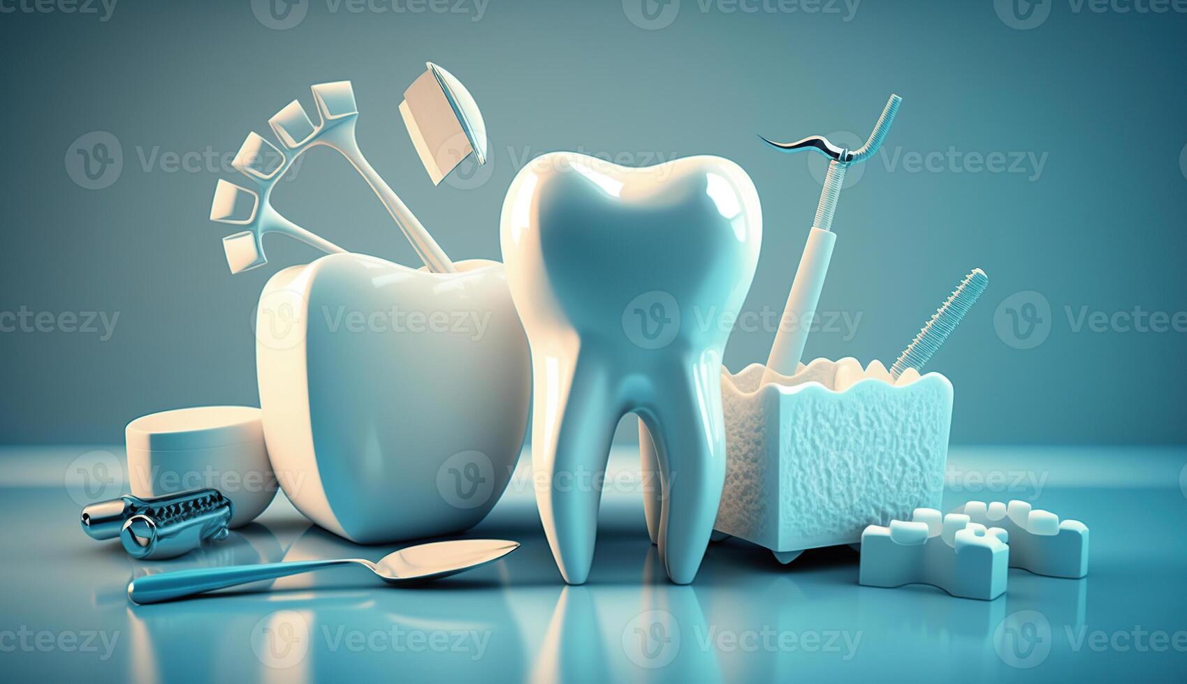 White healthy tooth, different tools for dental care, photo