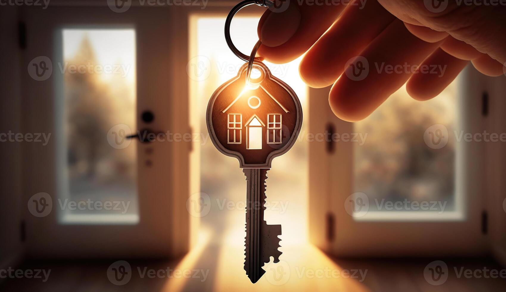 Key with keychain in a house shape in the door keyhole. Buy new home concept. Real estate market, photo