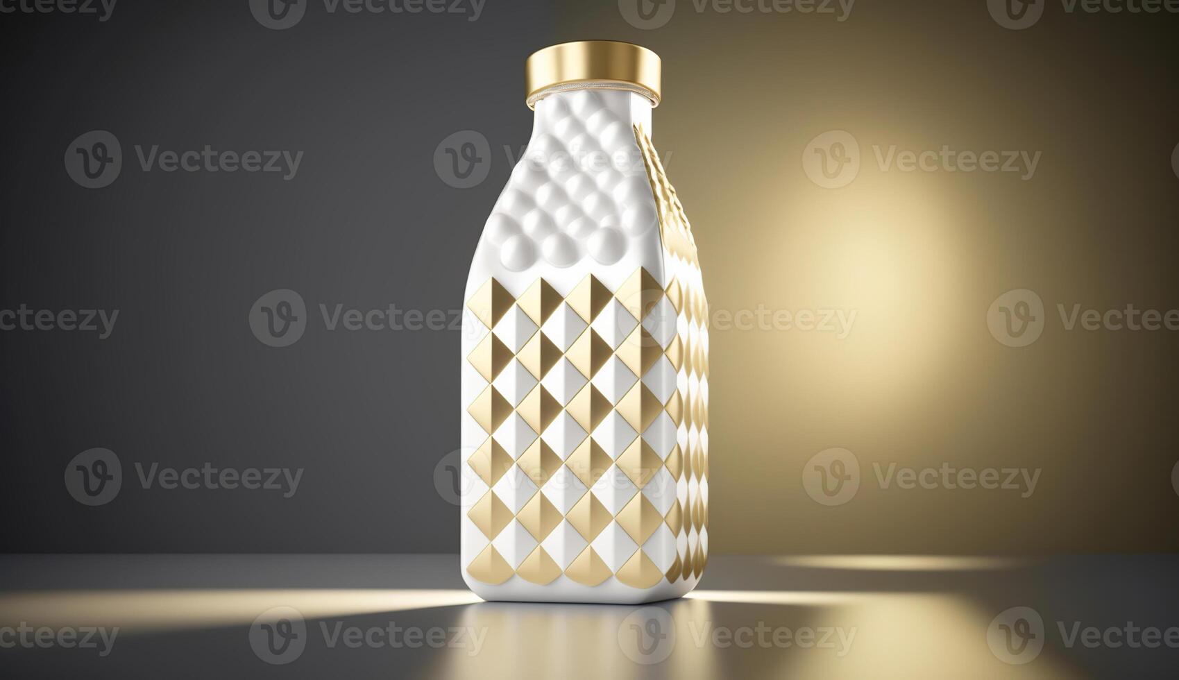 A pop art illustration of a milk bottle made of diamonds and gold, futuristic, photo