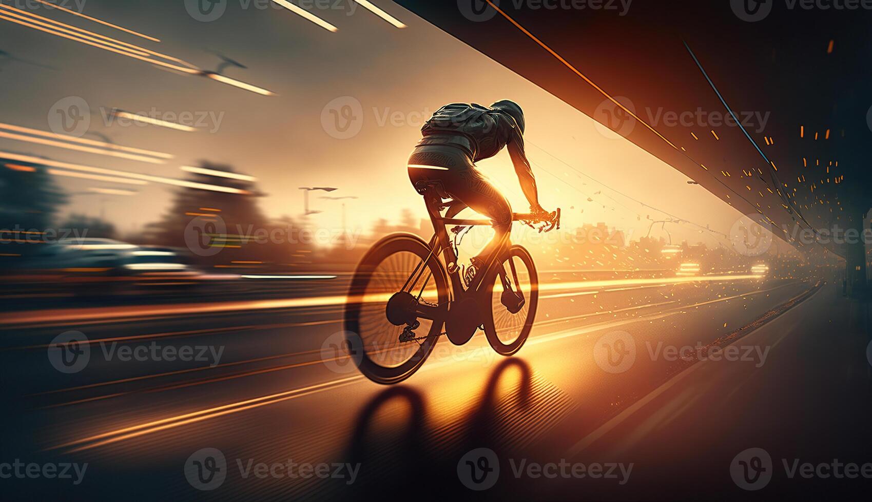 Movement of cyclist in motion on sunset, people ride on bycycle, photo