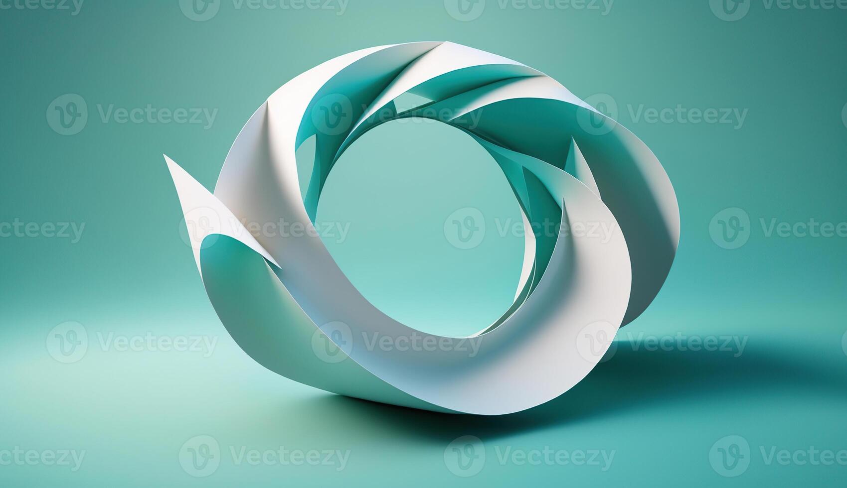 Mobius strip made from paper soaring in the air on mint background. Trendy surreal airy image. Abstract year color concept composition, photo