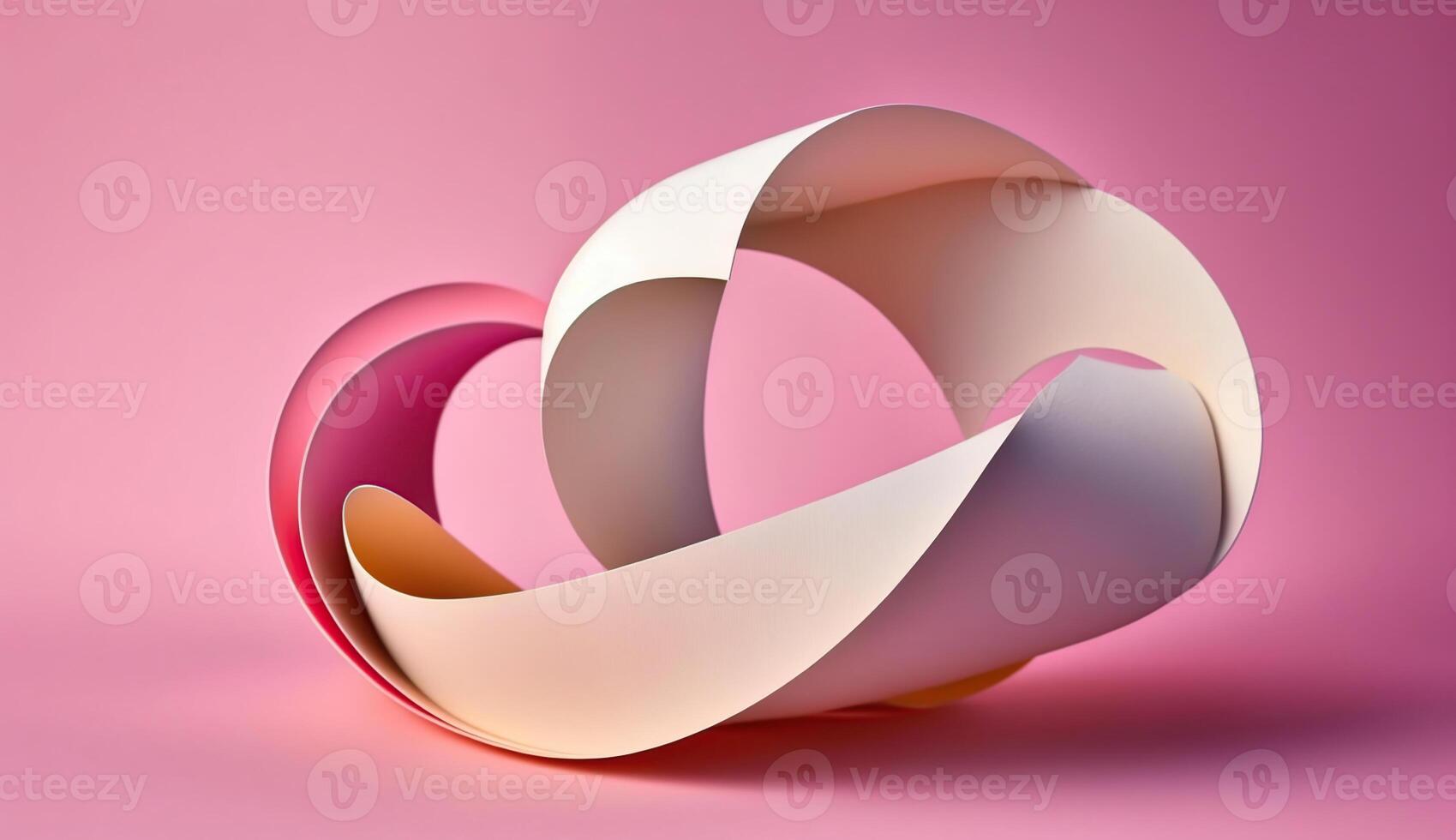 Mobius strip made from paper soaring in the air on pink background. Trendy surreal airy image. Abstract year color concept composition, photo