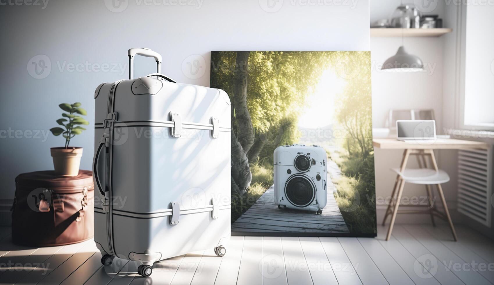 Summer suitcase and free space for your decoration, photo