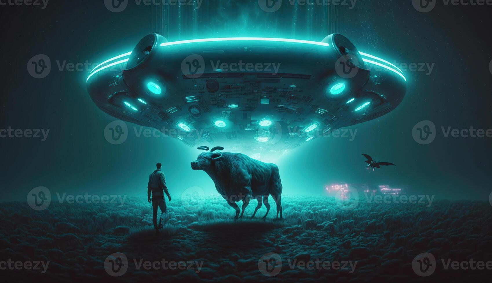 3D Illustration of Man and cow floating to inside of ufo alien ship. Concept of alien abduction 3d render, photo