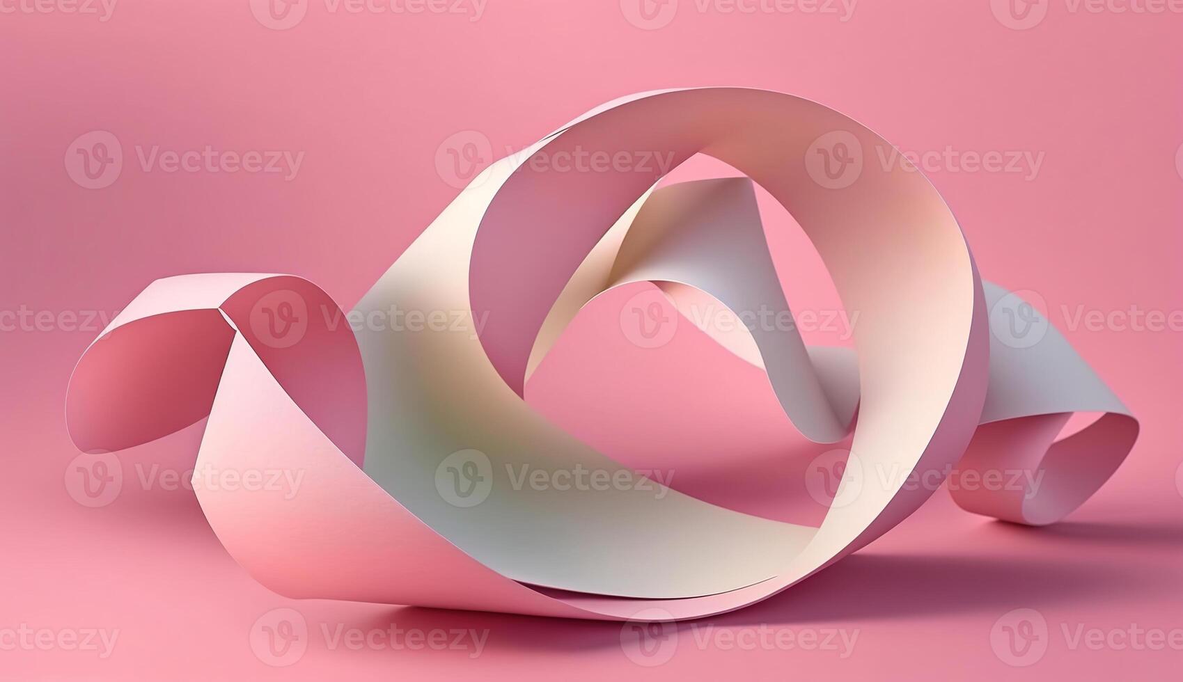 Mobius strip made from paper soaring in the air on pink background. Trendy surreal airy image. Abstract year color concept composition, photo