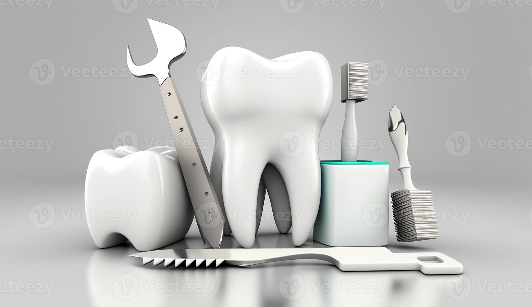 White healthy tooth, different tools for dental care with white background, photo