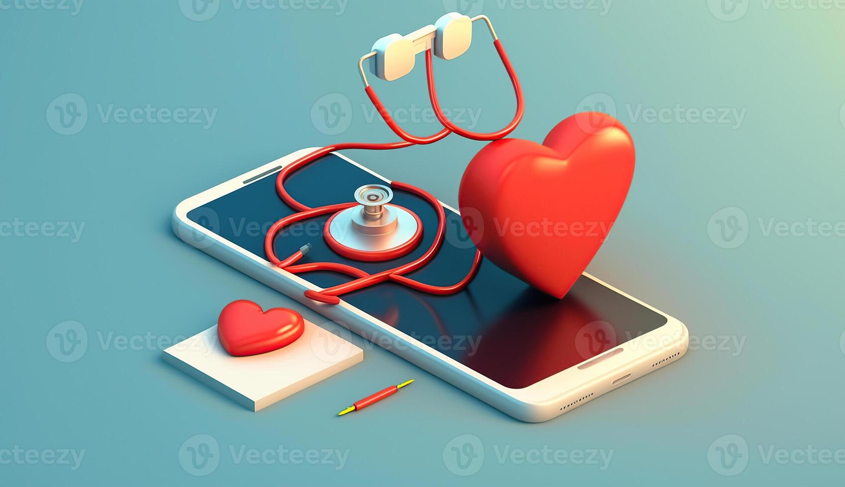 Doctor online concept. Phone screen with red heart using stethoscope checks health. Online medical clinic communication with patient. Minimal health concept. 3d illustration isometric, photo