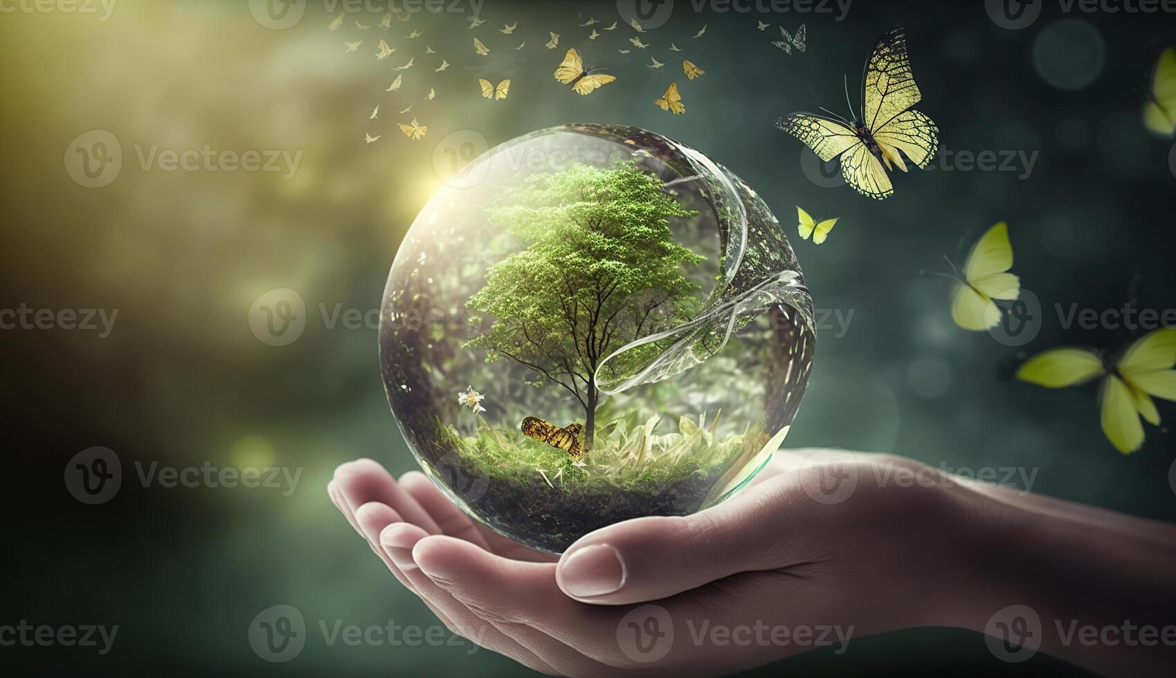 Ecology concept, earth crystal glass globe ball and growing tree in human hand, flying yellow butterfly on green sunny background. Saving environment, save clean planet, photo