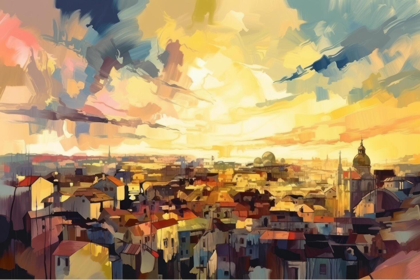 Large city in the style of impressionism painting Illustration photo