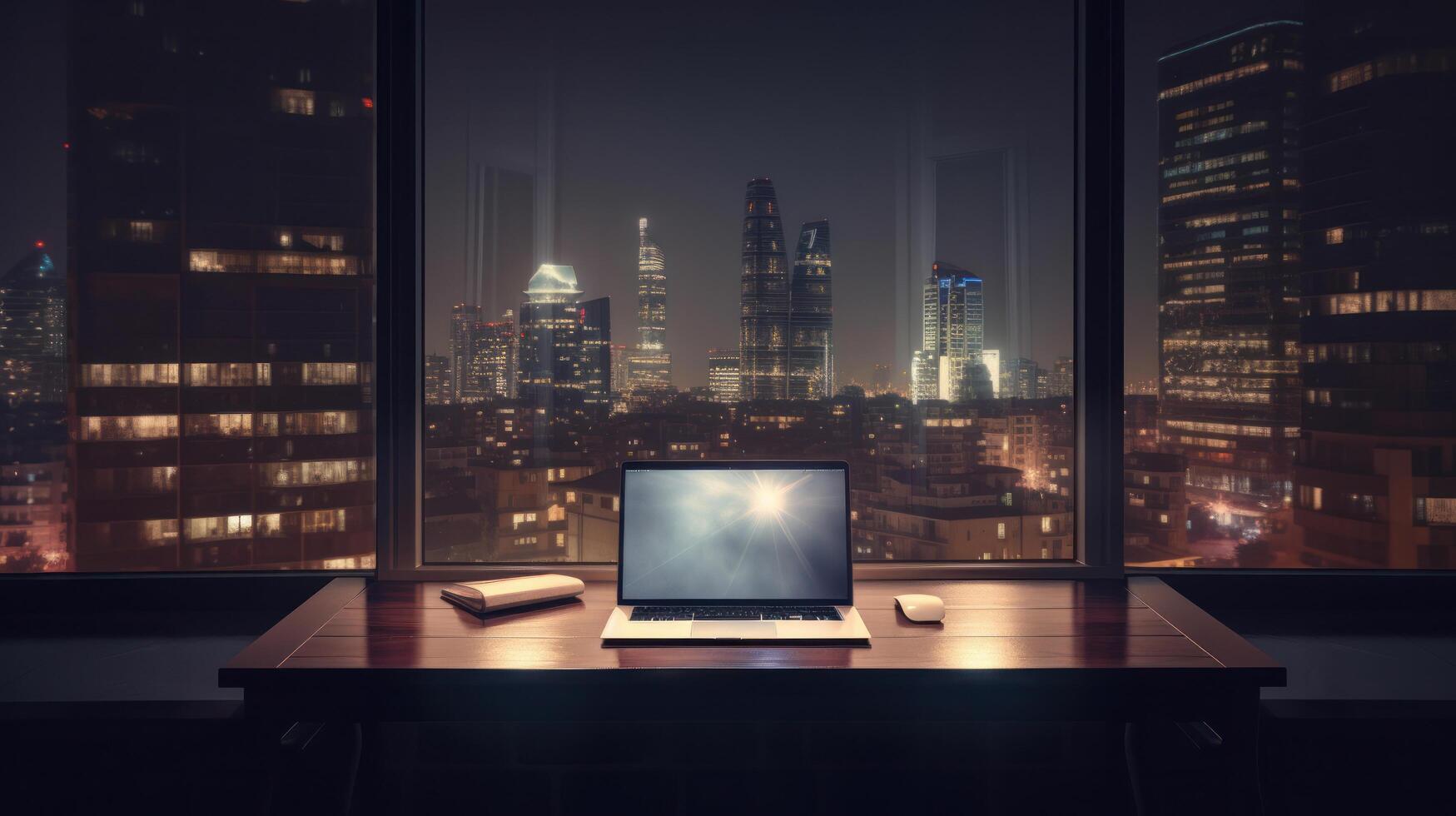 Modern working desk against big window in big city. Illustration photo