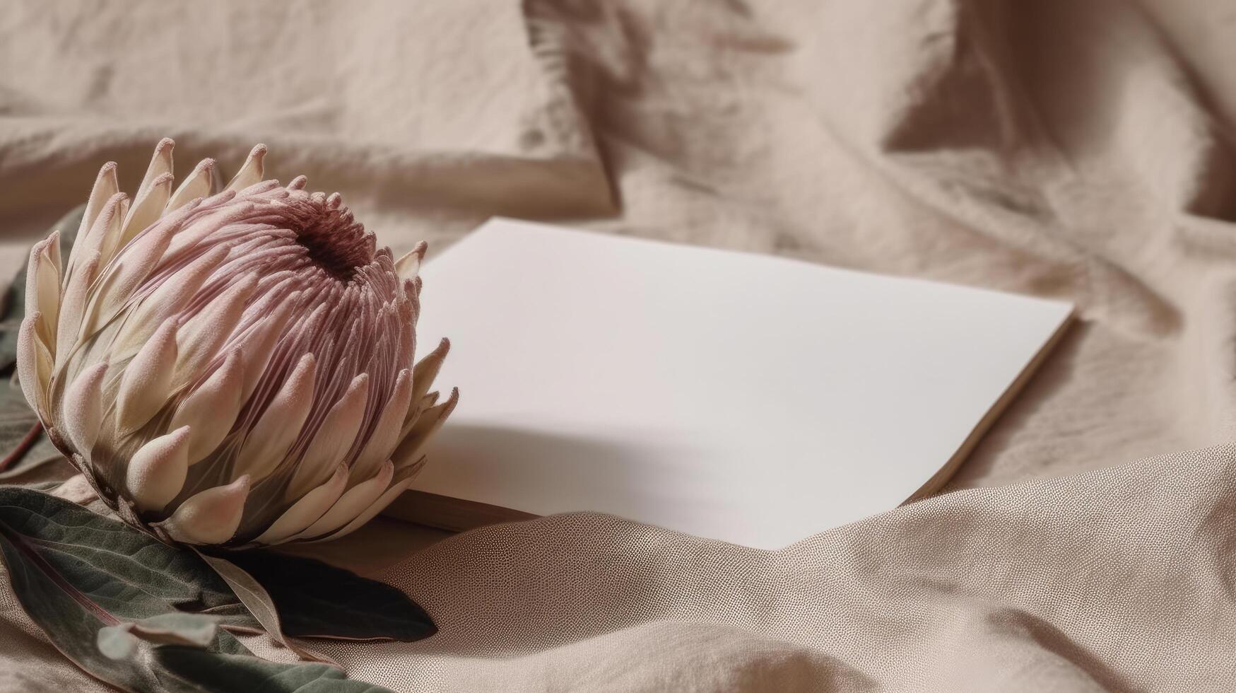 Dried protea flower with blank paper card. Luxury Background. Illustration photo