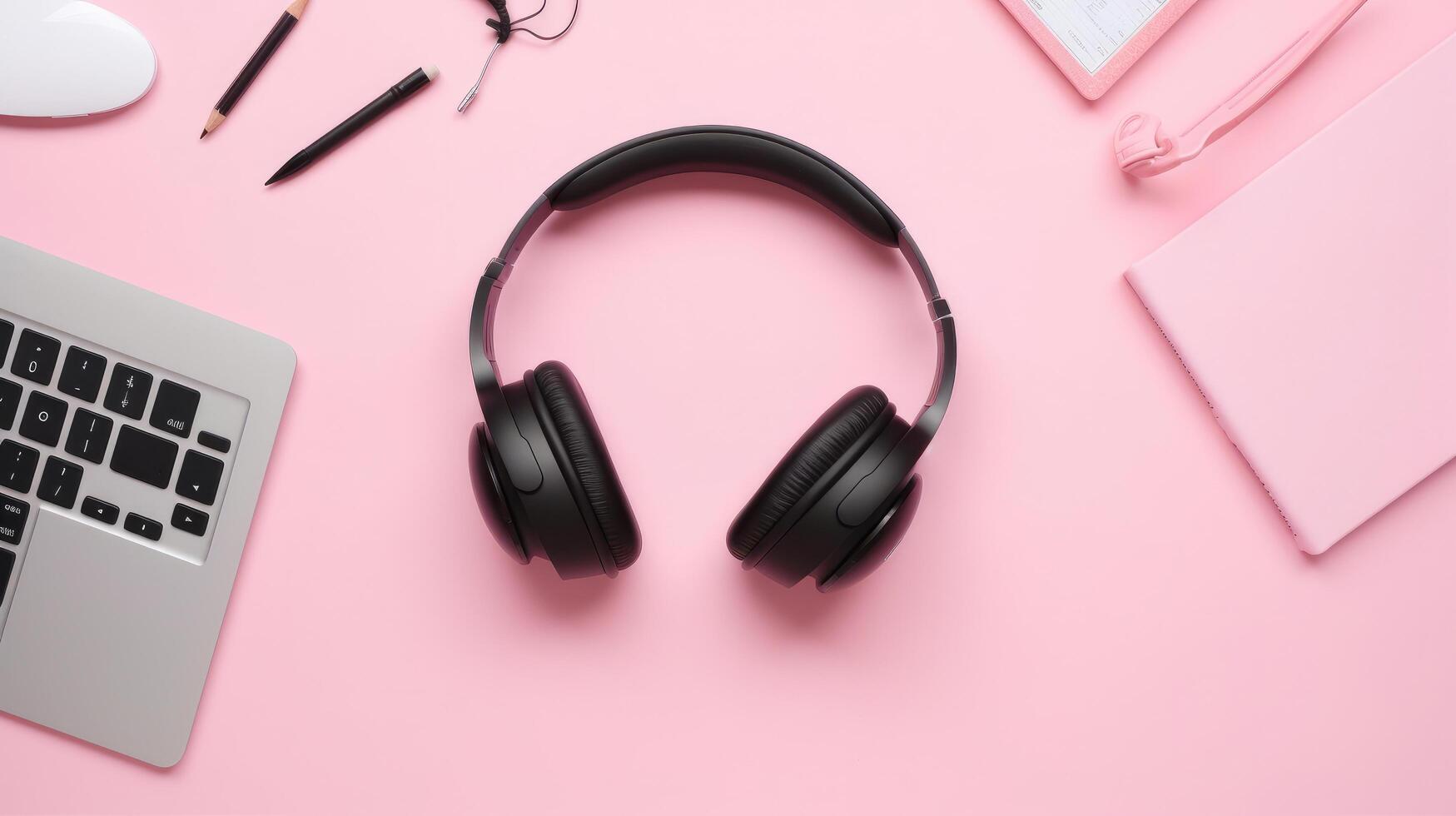 Flat design with headphones and laptop Illustration photo