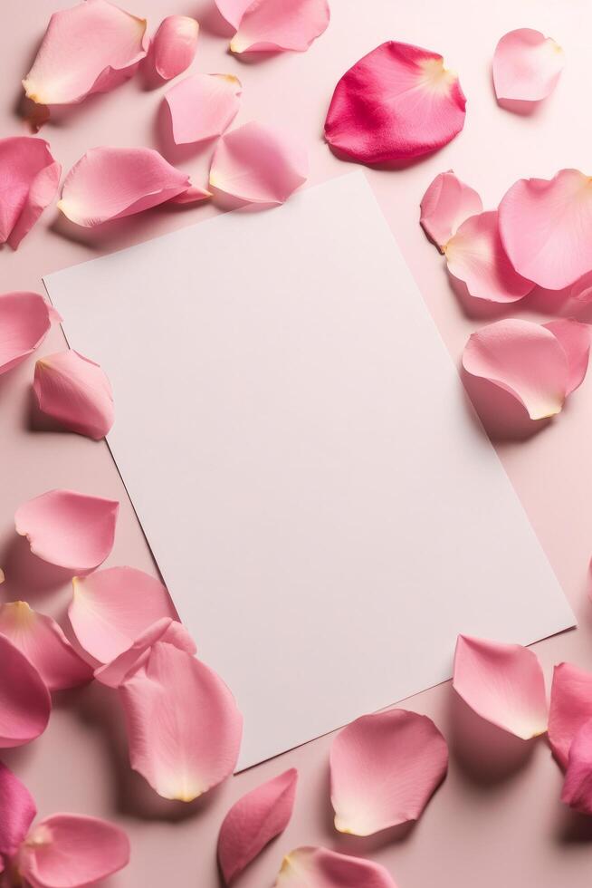 Rose petals with blank paper. Illustration photo