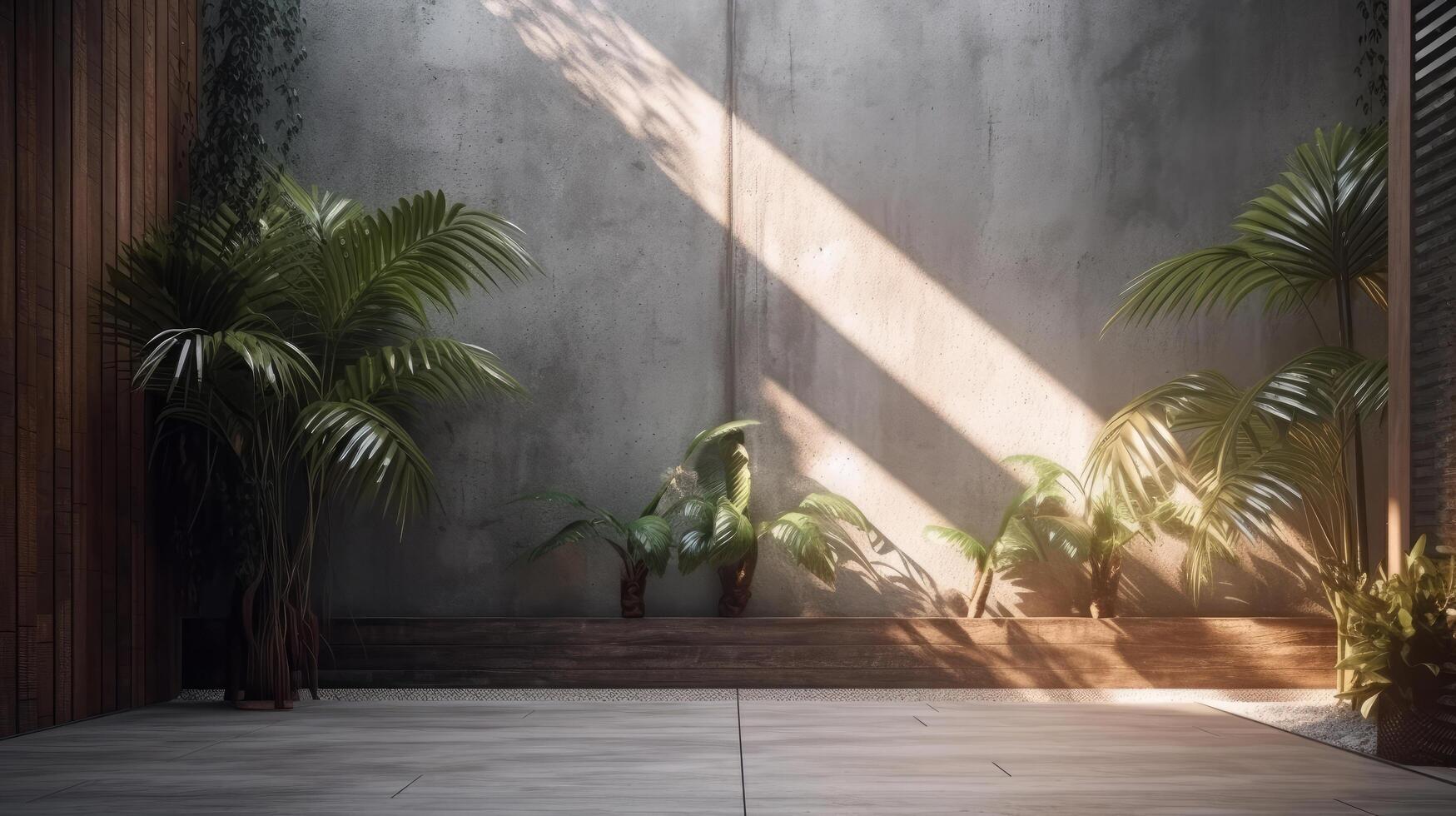 Empty background with wall and tropical leaves. Illustration photo