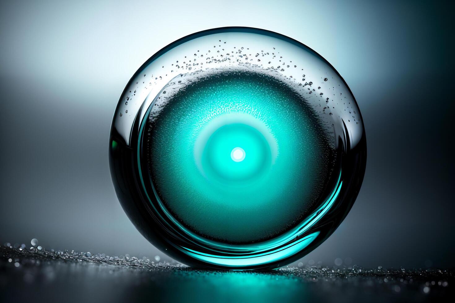 Glass ball with water drops on it and blue light in the background with glass reflection, ray tracing, computer art. photo