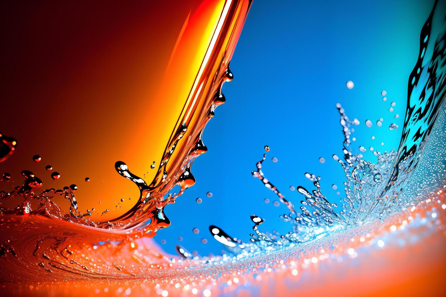 Close-up of a water drop against a blue sky and a red-yellow liquid, macro photography, ray-traced image, photorealism. photo