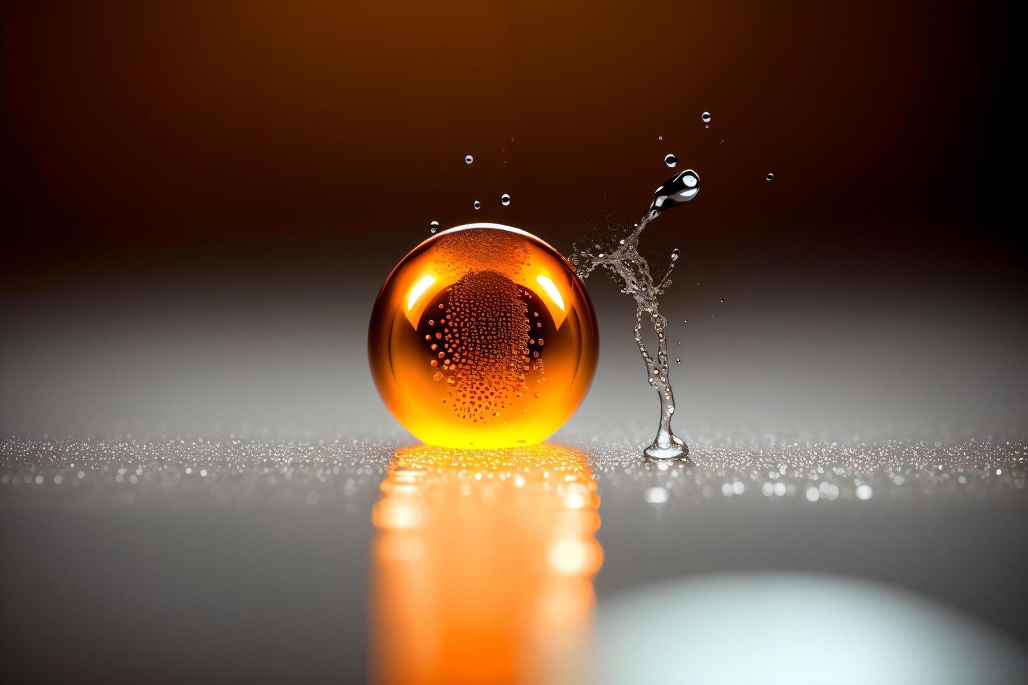 Glass ball with water splashing out of it on a reflective surface with glass reflection, photorealism. photo