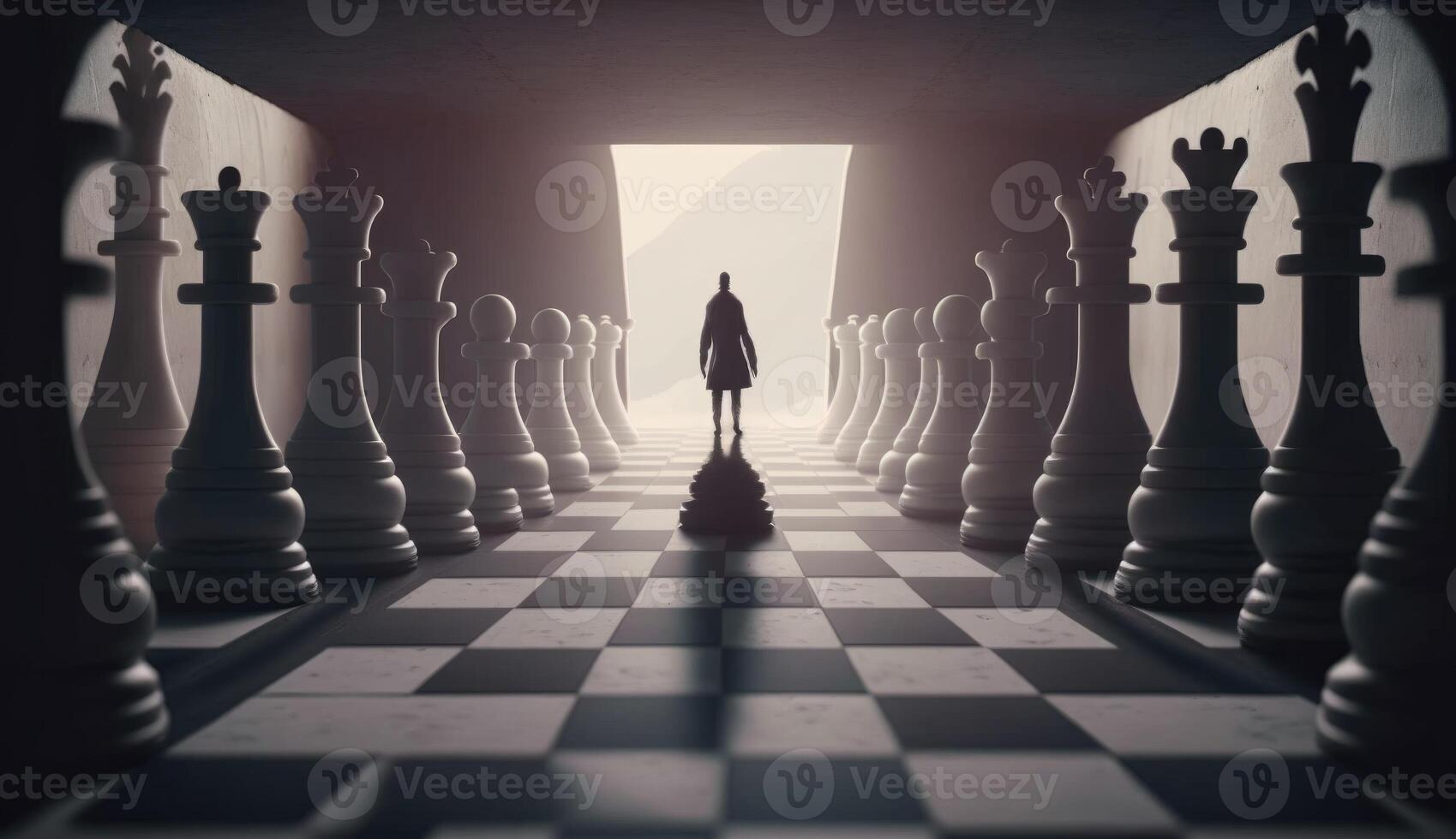 Silhouette of a man standing on a chessboard. 3d rendering photo