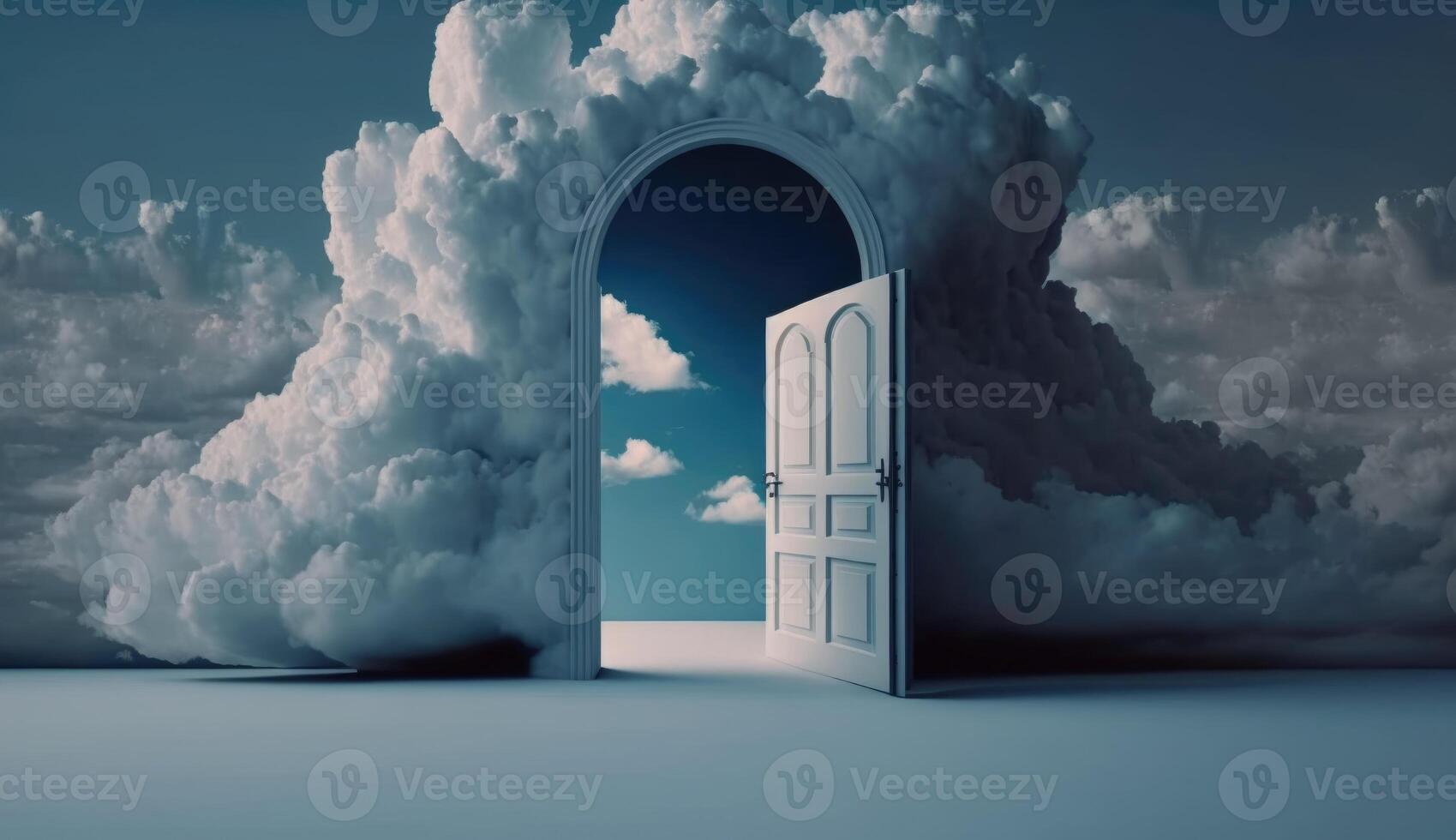 Conceptual image of open door to heaven or hell with clouds photo